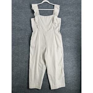 Gap Womens Wide Leg Jumpsuit Sz 16 White Tan Striped Apron Ruffle Smocked Ankle
